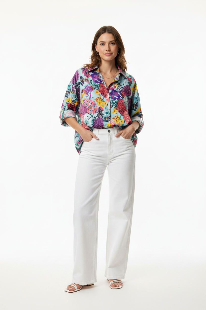Model draagt de Blouse Gold & Silver met kleurrijke bloemenprint