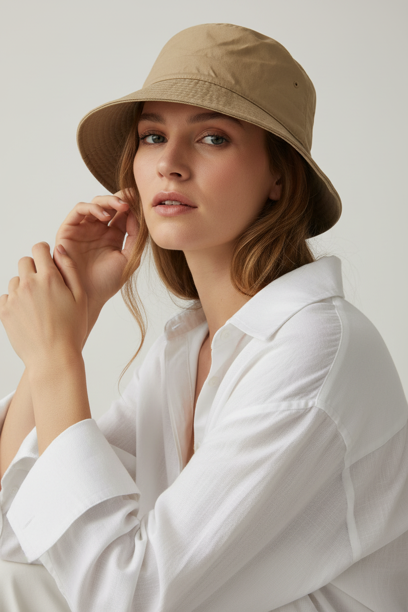 Model draagt bucket hat beige