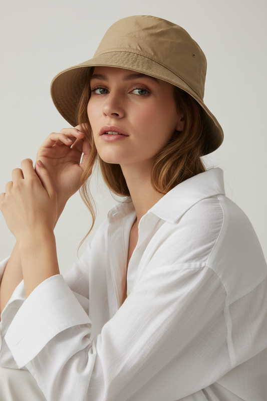 Model draagt bucket hat beige