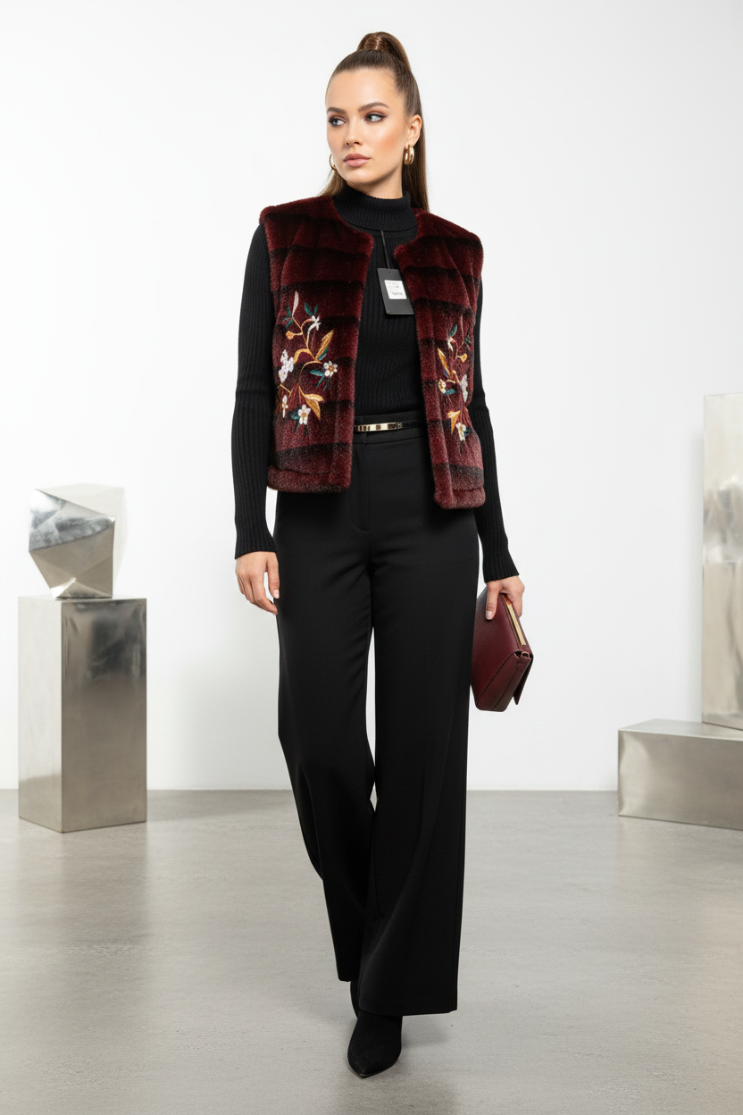 Model draagt Just Woman bordeaux bodywarmer - elegante outfit