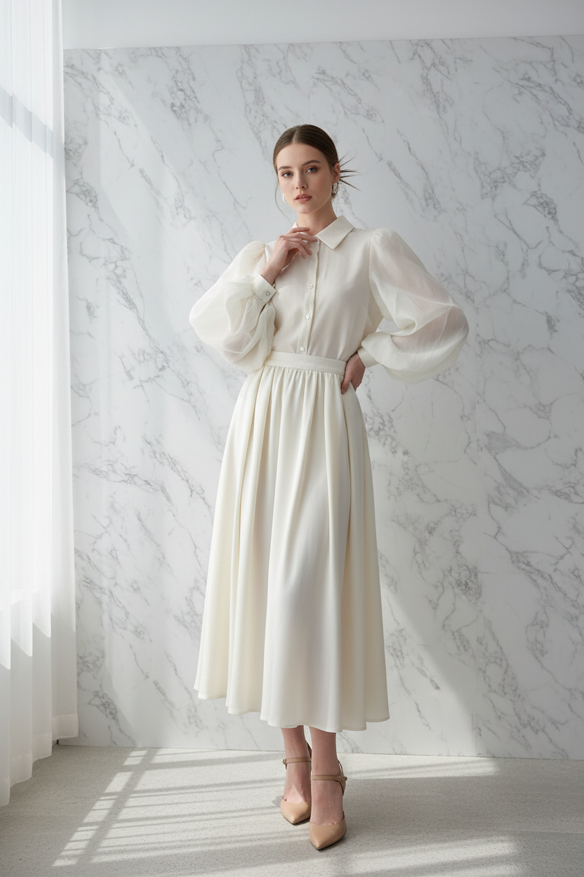 Model draagt de creme Blouse met Ballon Mouwtjes van Elli White in een luxe editorial setting
