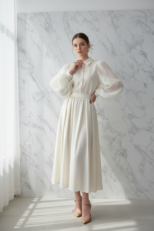 Model draagt de creme Blouse met Ballon Mouwtjes van Elli White in een luxe editorial setting