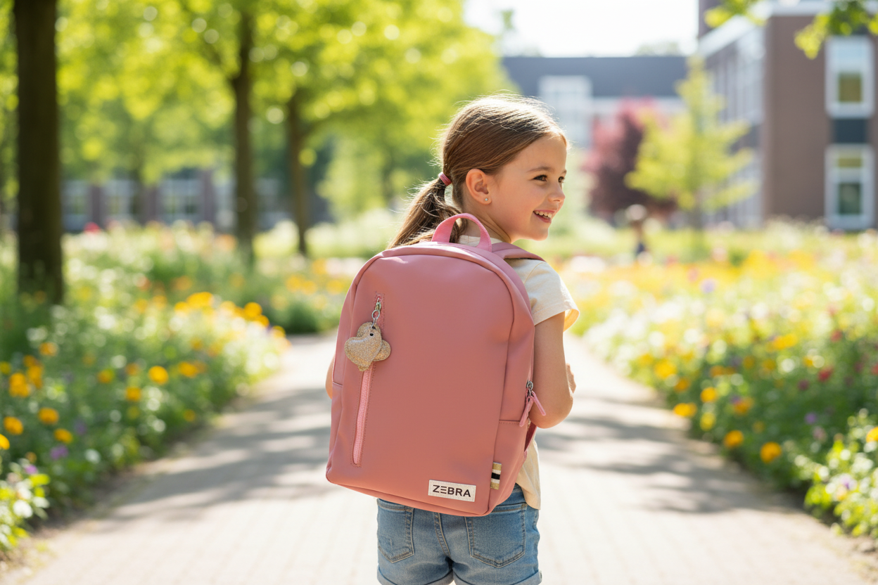 Meisje draagt Zebra girls roze rugzak