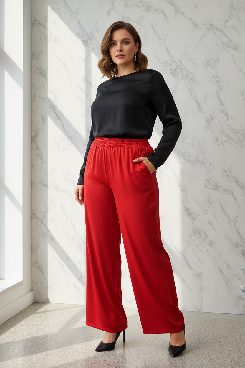 Model draagt de rode plus size satijn wide-leg Broek Times in een luxe editorial setting