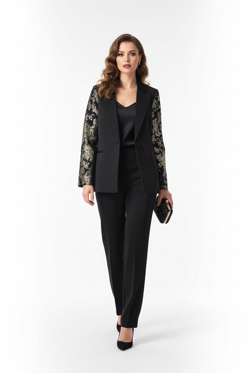 Model draagt festive blazer met jacquard mouwen - elegante feestelijke look