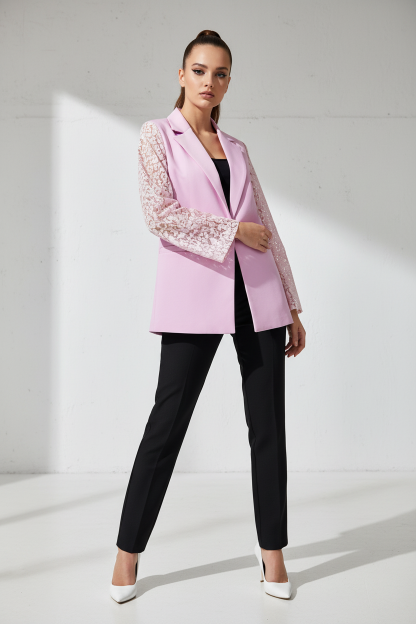 Model draagt roze blazer met panther mouwen - detail