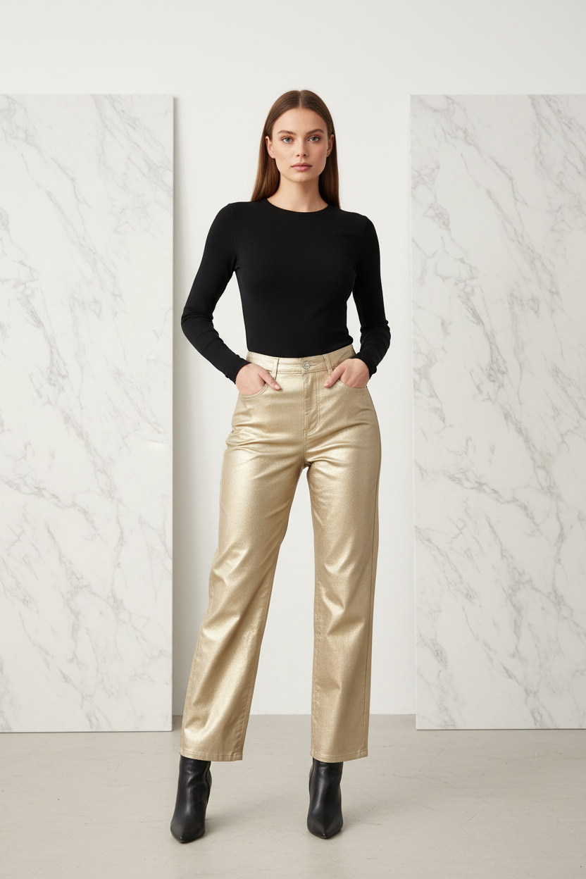 Gouden metallic broek Vero Moda — gedragen door model met zwart topje