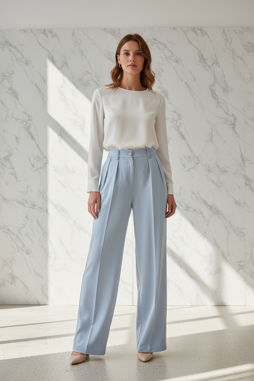 Pantalon Elli — lichtblauwe wide-leg broek gedragen door model