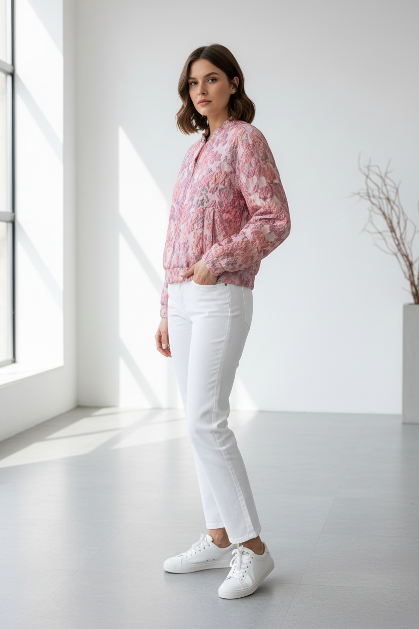 Model in roze bloemen jacquard jasje Gimme met rits en ruches, gestileerd met witte jeans en witte sneakers