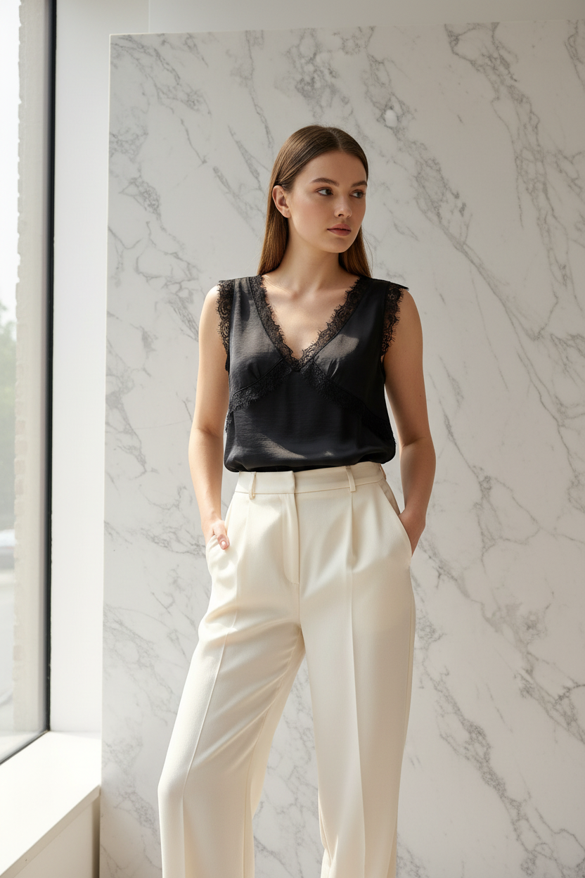 Model draagt de zwarte satijnen Top Sophyline met kanten schouderdetails in een luxe editorial setting