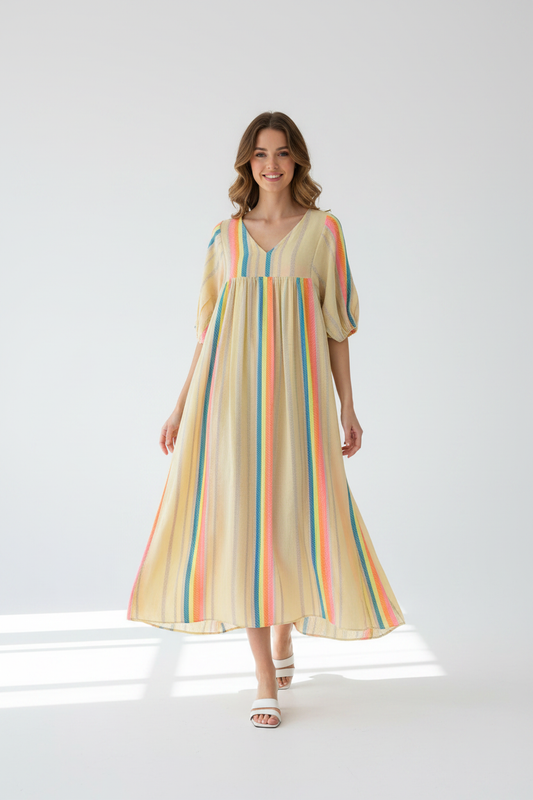 Model in lichtgele maxi-jurk You Passion met regenboog strepen, gestileerd met witte sandalen
