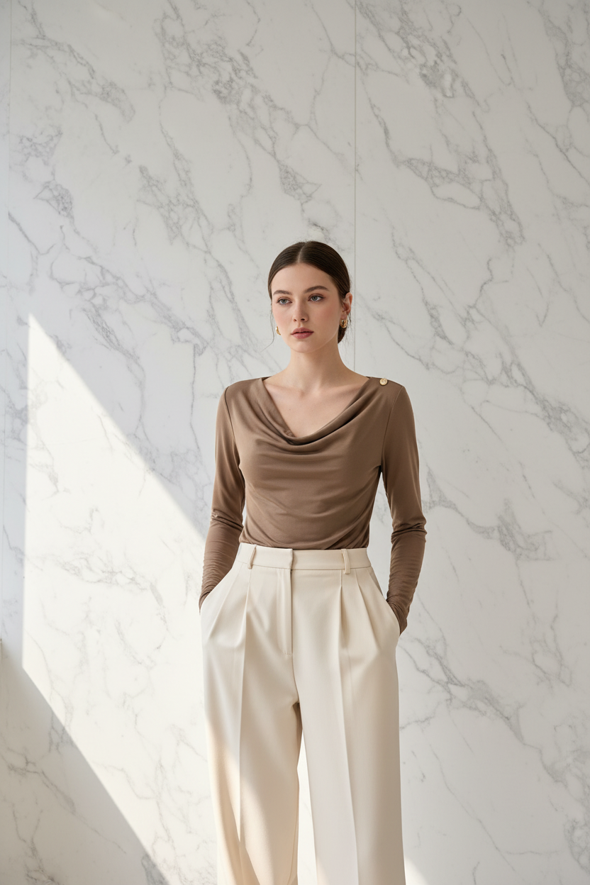 Model draagt de camel Top By Swan met cowl hals en gouden knoop in een luxe editorial setting