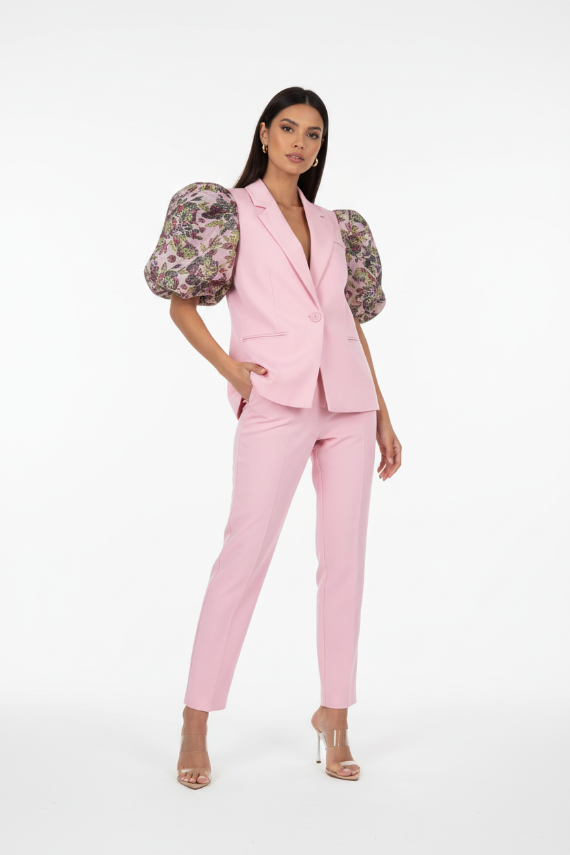 Model draagt roze flower bomb blazer met bloemenprint - vrolijke look
