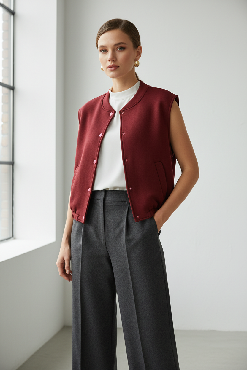 Model draagt Just Woman mouwloos vest - elegante look