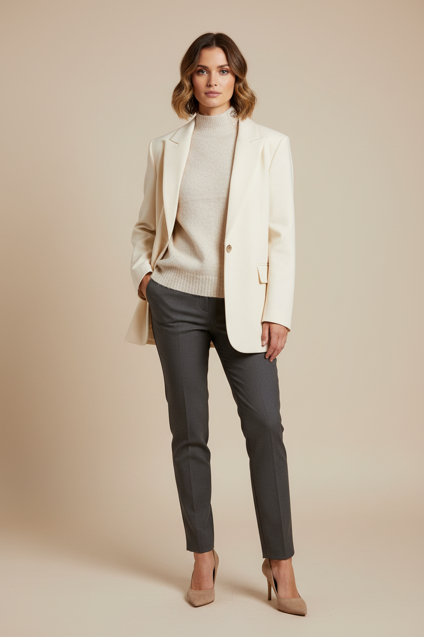 Model draagt debardeur onder blazer - kantoor look