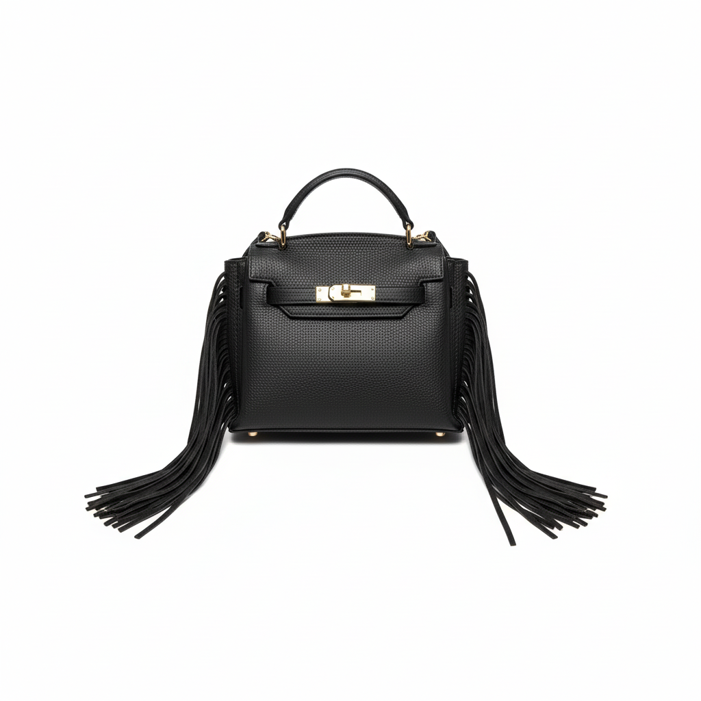 zwart lederen minibag Miss-terre met franjes - professionele productfoto