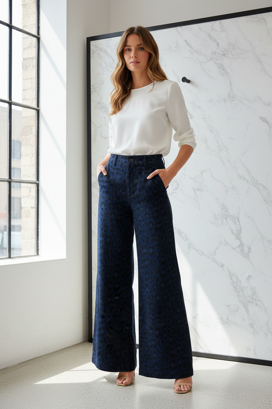 Jeans Intuition Panther donkerblauw — wide-leg panterprint broek gedragen door model met witte blouse