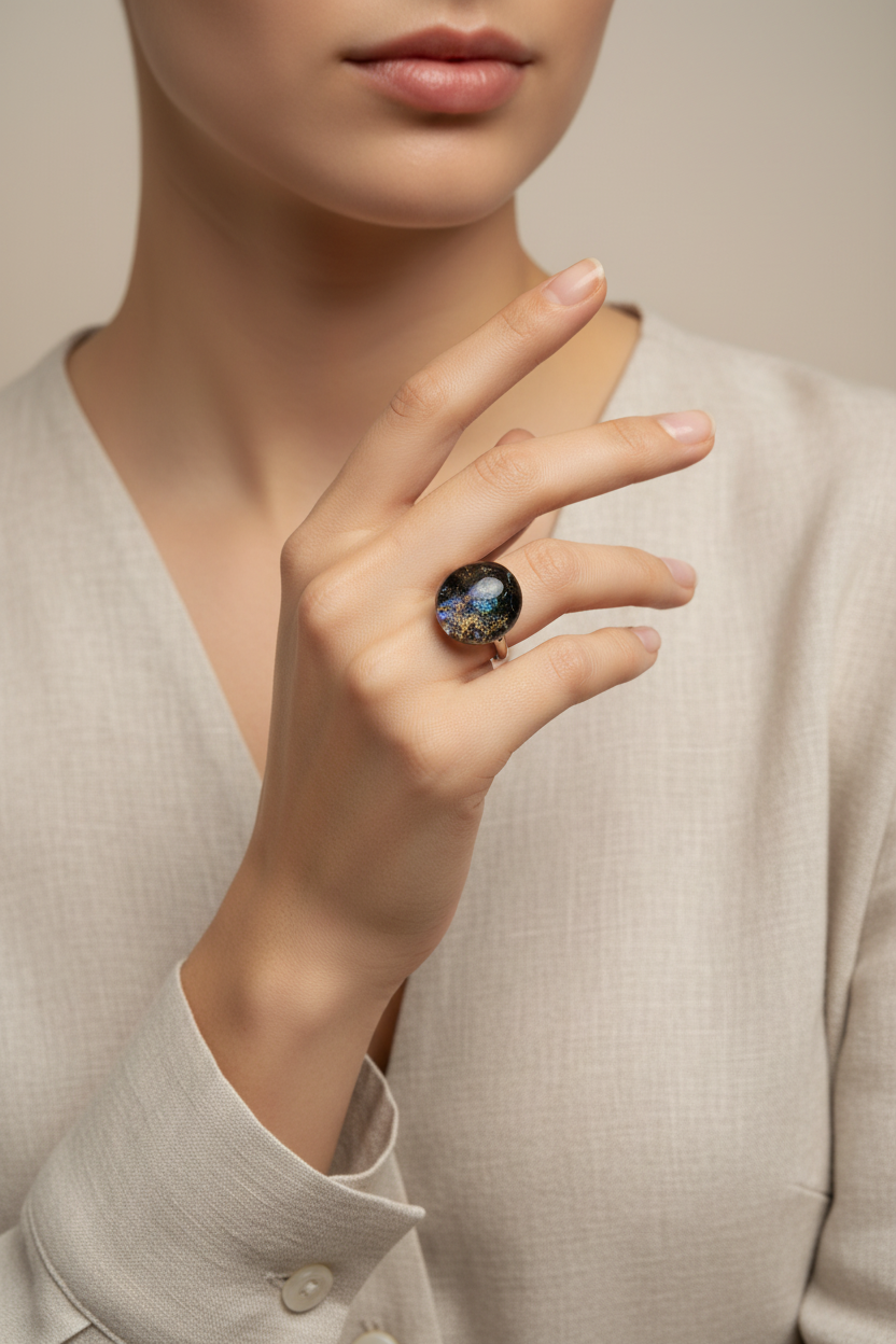 Model draagt The Universe glazen ring