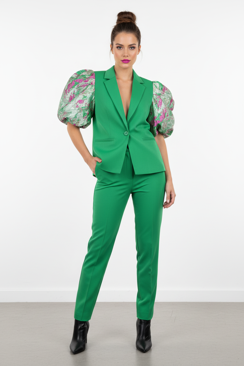 Model draagt groene flower bomb blazer met bloemenprint - vrolijke look
