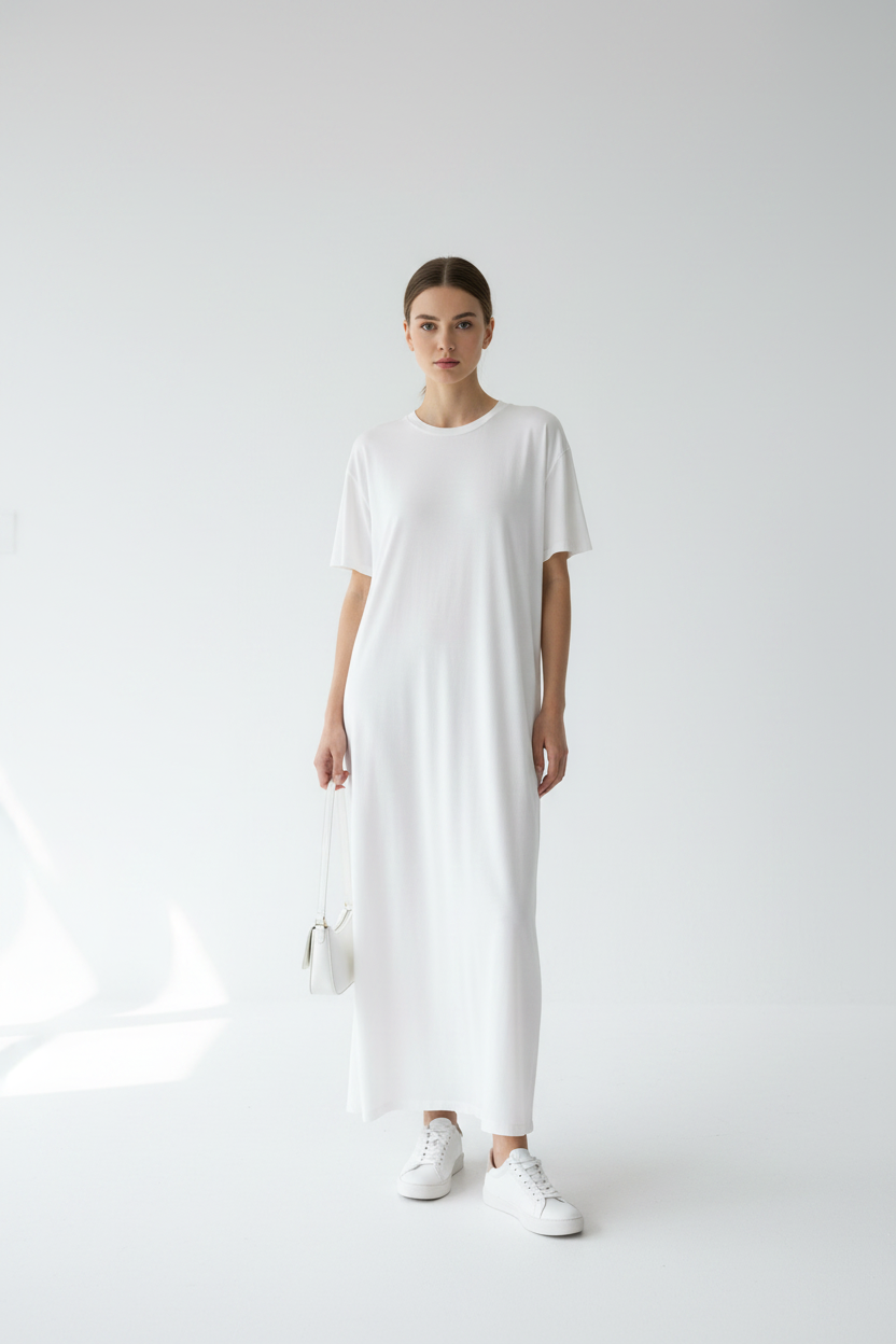 Model in wit oversized maxi t-shirt jurk Just Woman, gestileerd met witte sneakers