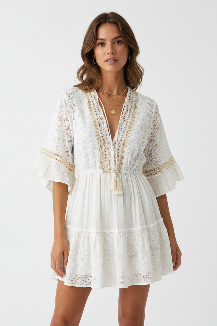 Model in wit boho kleedje Just Woman met gouden kant en kwastje - Amazing Wardrobe