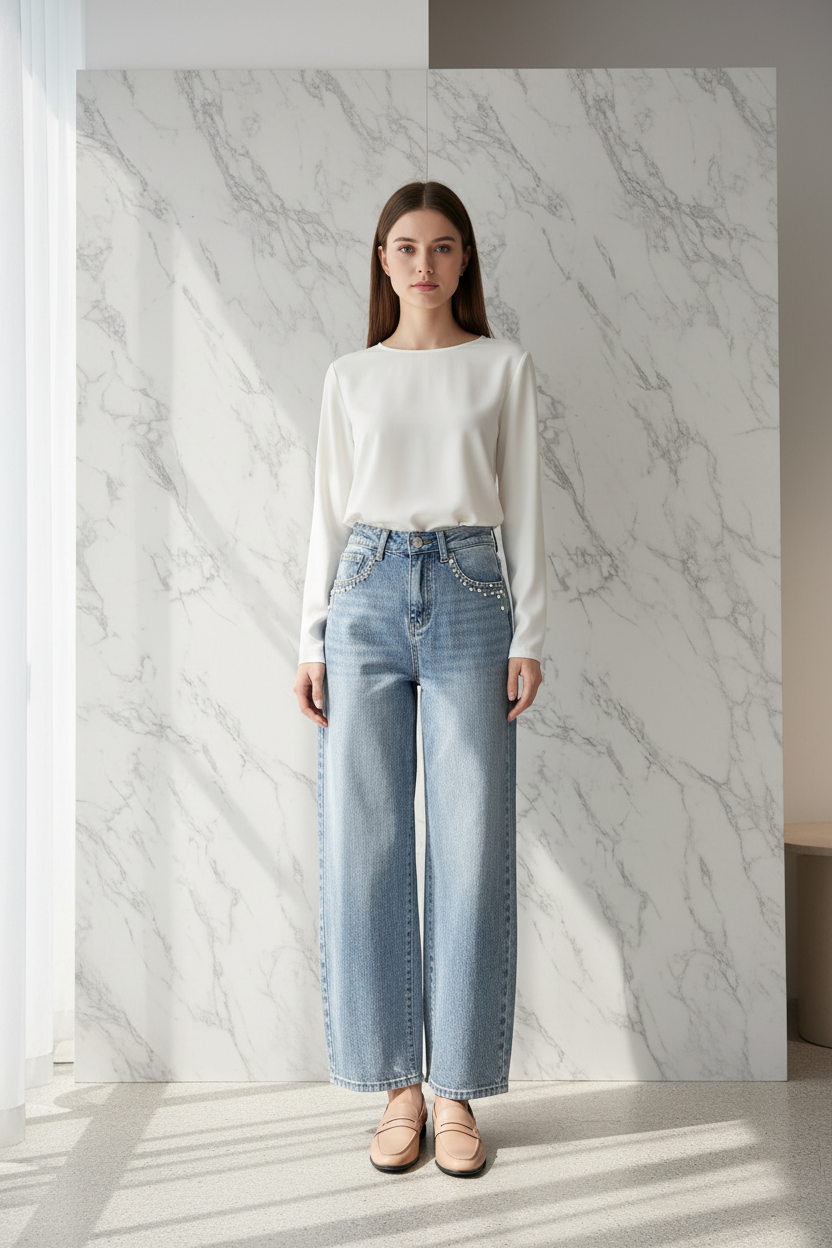 Jeans Mira Belle — lichtblauwe wide-leg jeans met pareldetails gedragen door model