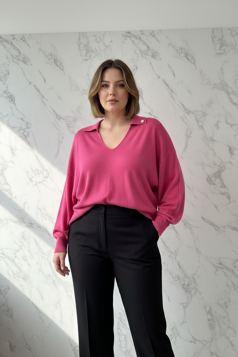 Model draagt de fuchsia plus size Trui Triple Nine met vleermuismouwen in een luxe editorial setting