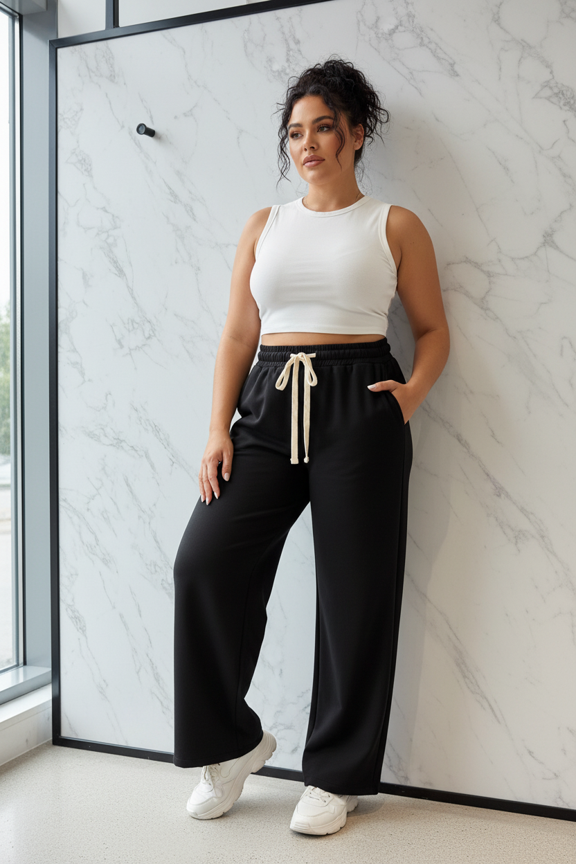 Model draagt de zwarte plus size wide-leg Sportbroek Mooij in een casual chic editorial setting