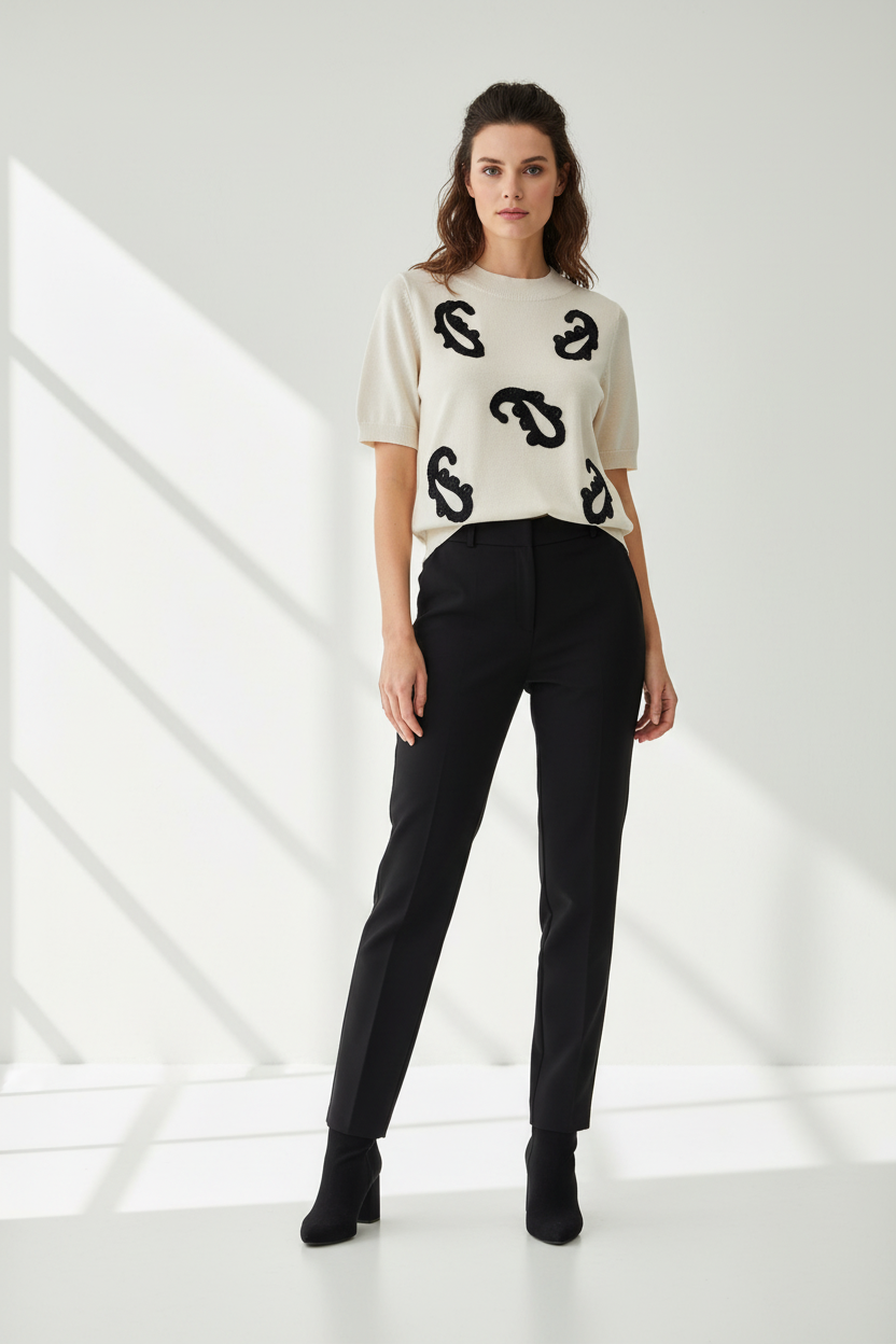 Model draagt black and white top - elegante monochrome look