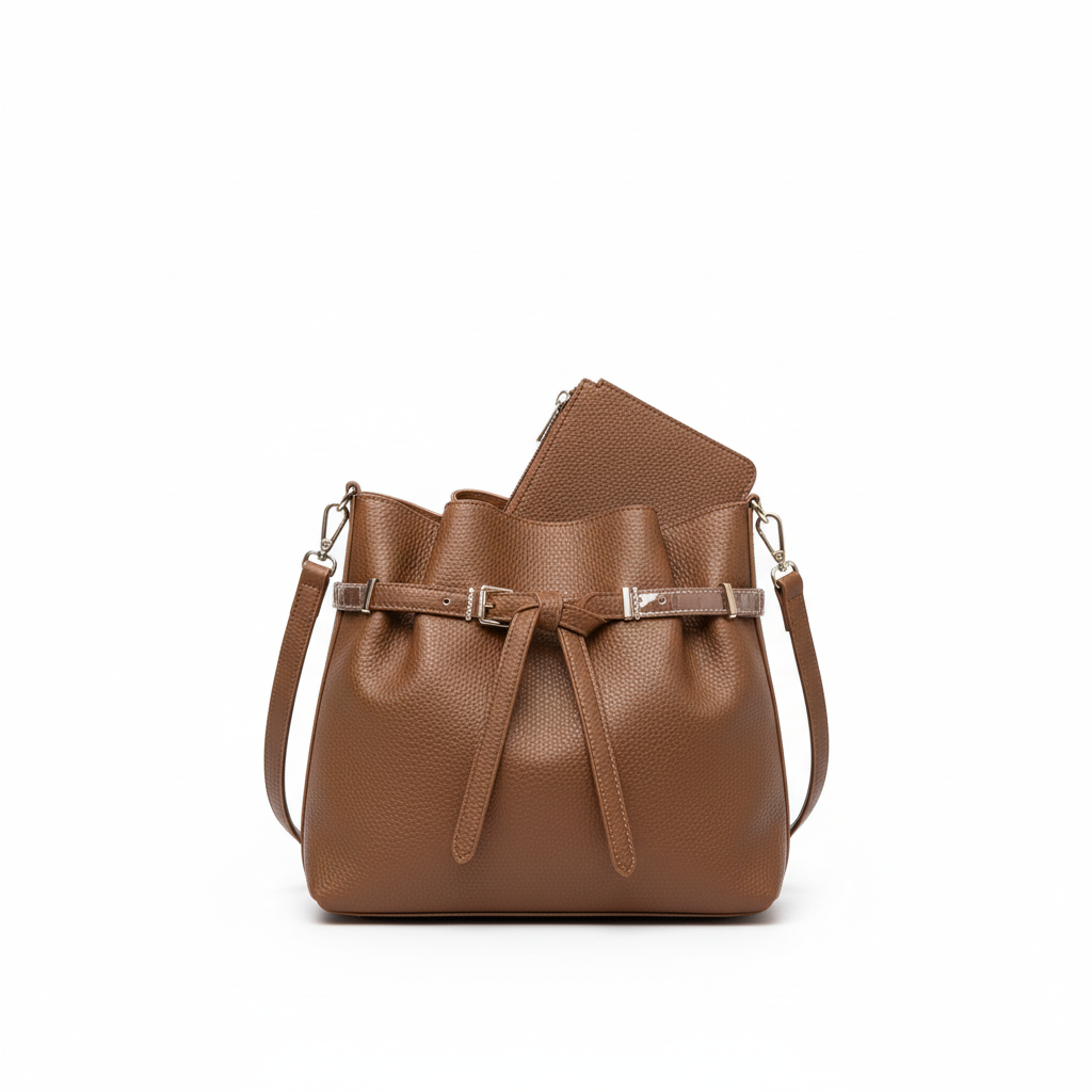 bruine PU ledere handtas met pochette - professionele productfoto