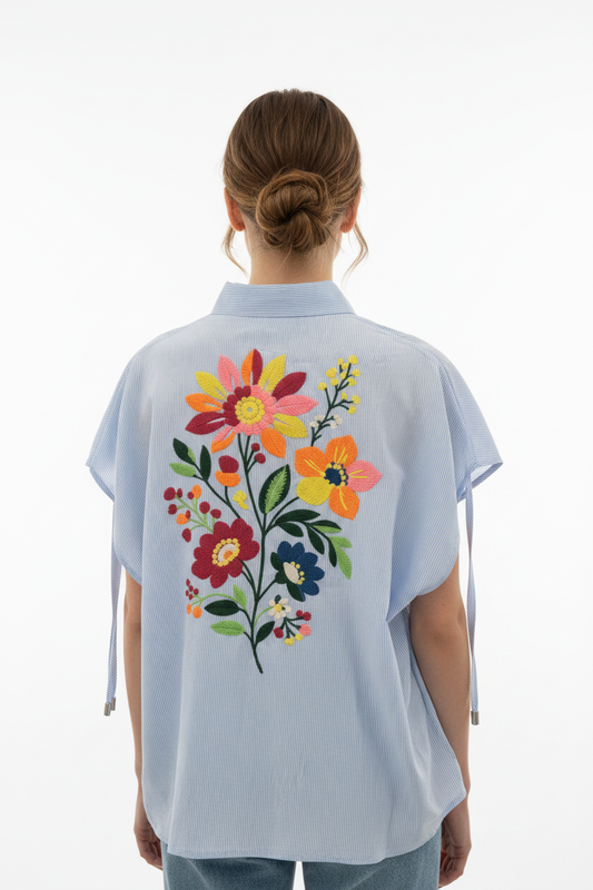 Blouse JS Millenium — Lichtblauw Bloemborduursel Rug Vlindermouwen