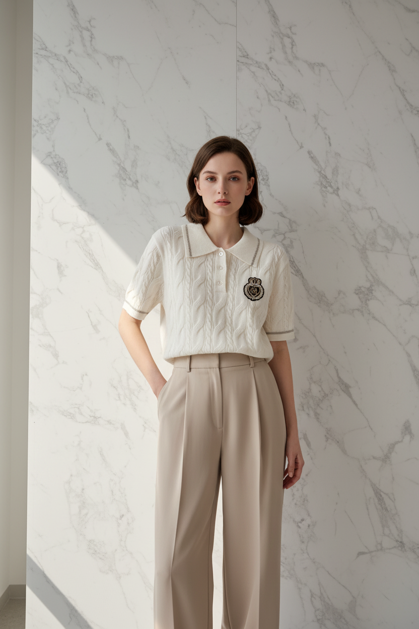 Model draagt de witte gebreide Polo Just Woman met kabelpatroon en gouden wapenschild in een luxe editorial setting