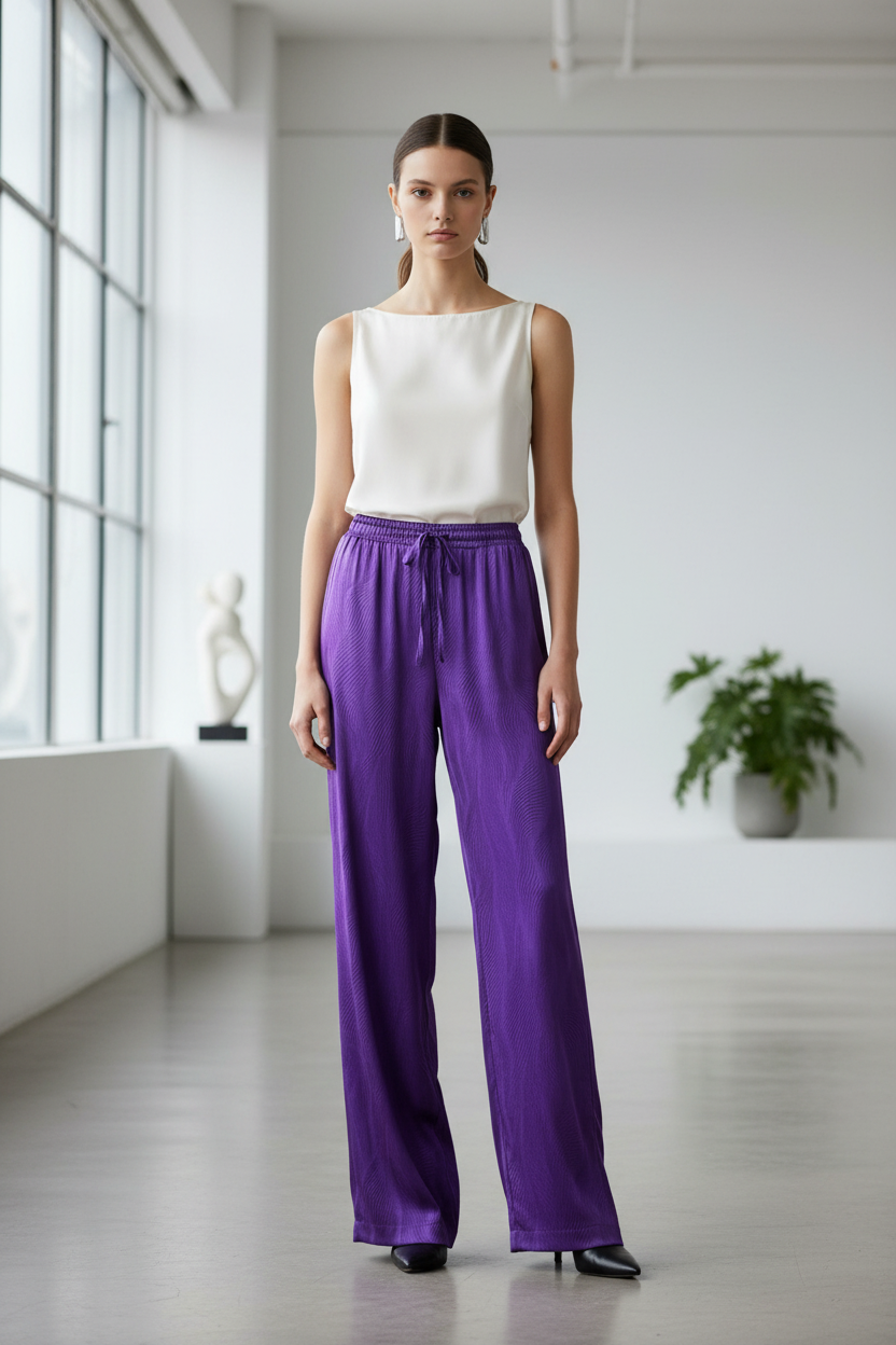 Model draagt satijnen broek met print paars - elegante look