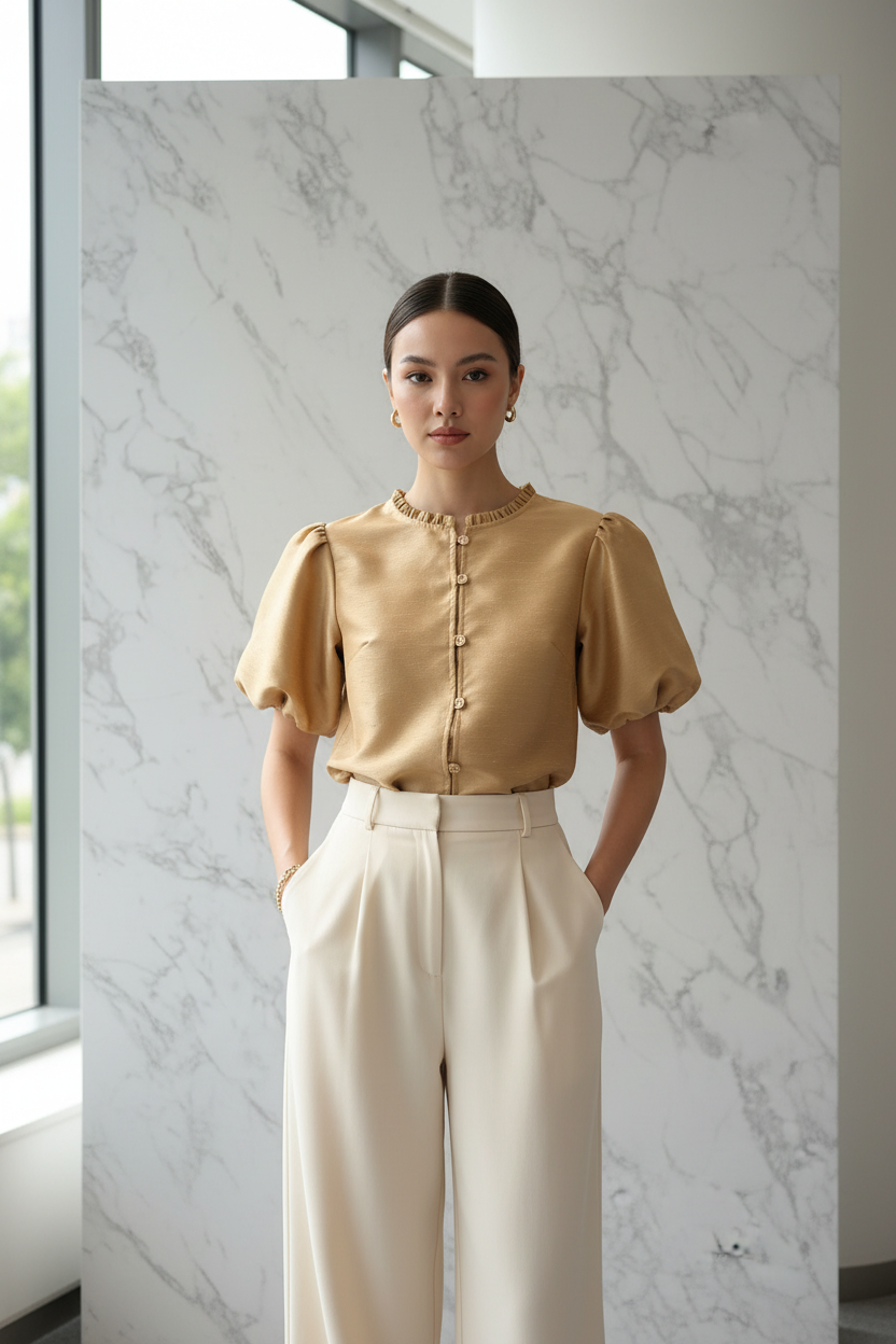 Model draagt de goudgele Top Ambika met pofmouwen en gouden knopen in een luxe editorial setting