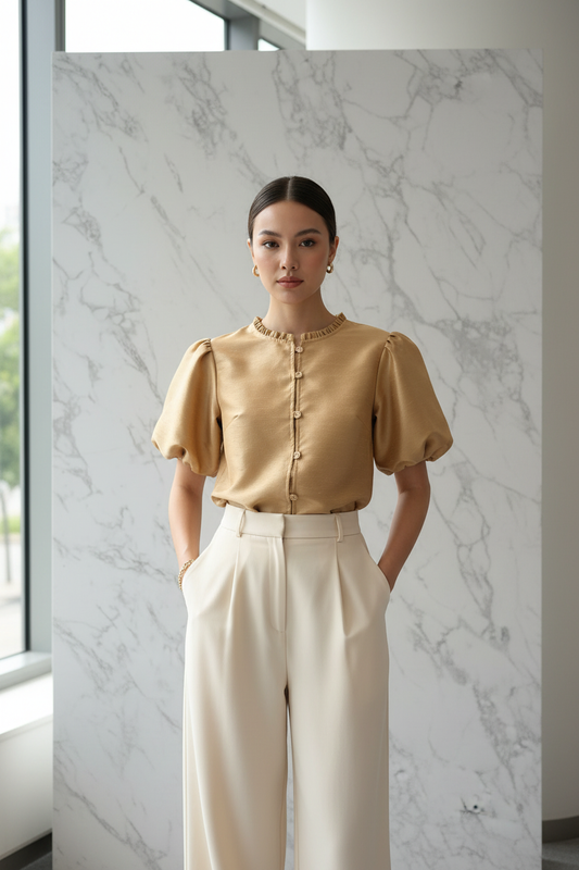 Model draagt de goudgele Top Ambika met pofmouwen en gouden knopen in een luxe editorial setting