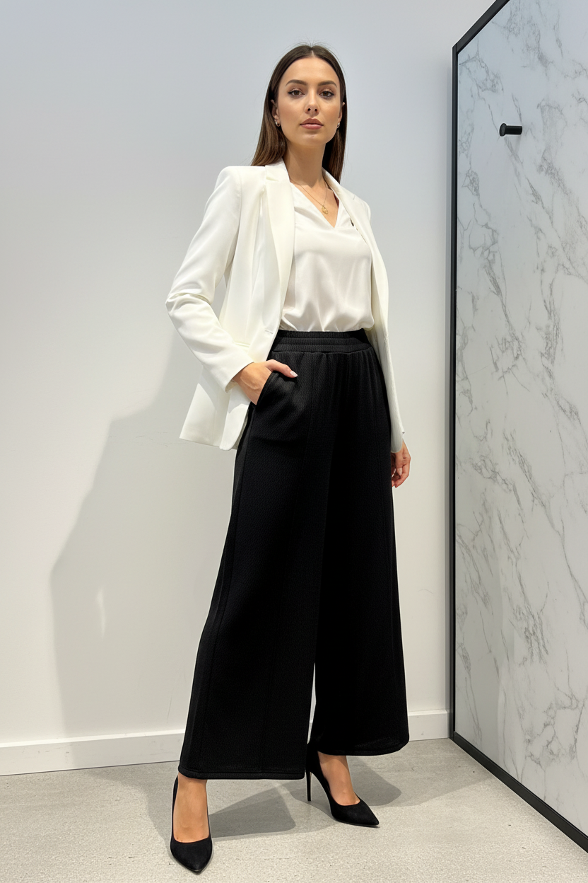 Model draagt de zwarte geklede wide-leg Broek C&S met getextureerde stof in een luxe editorial setting