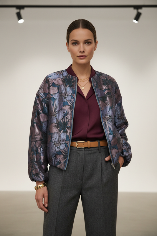 Model draagt Gimme jacquard flower jacket - detail luxe patroon