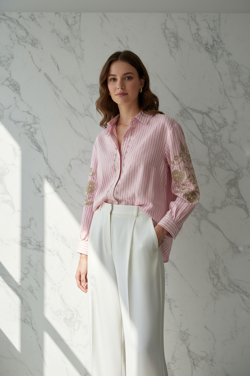 Model draagt de roze gestreepte Blouse JS Millenium met gouden bloemborduursel in een luxe editorial setting