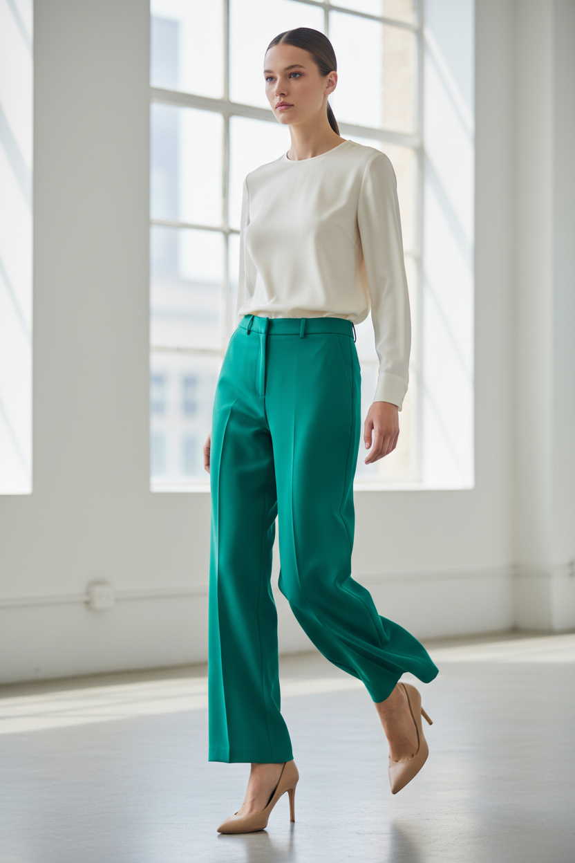 Model draagt Vila wijde geklede broek - minimalistisch elegant