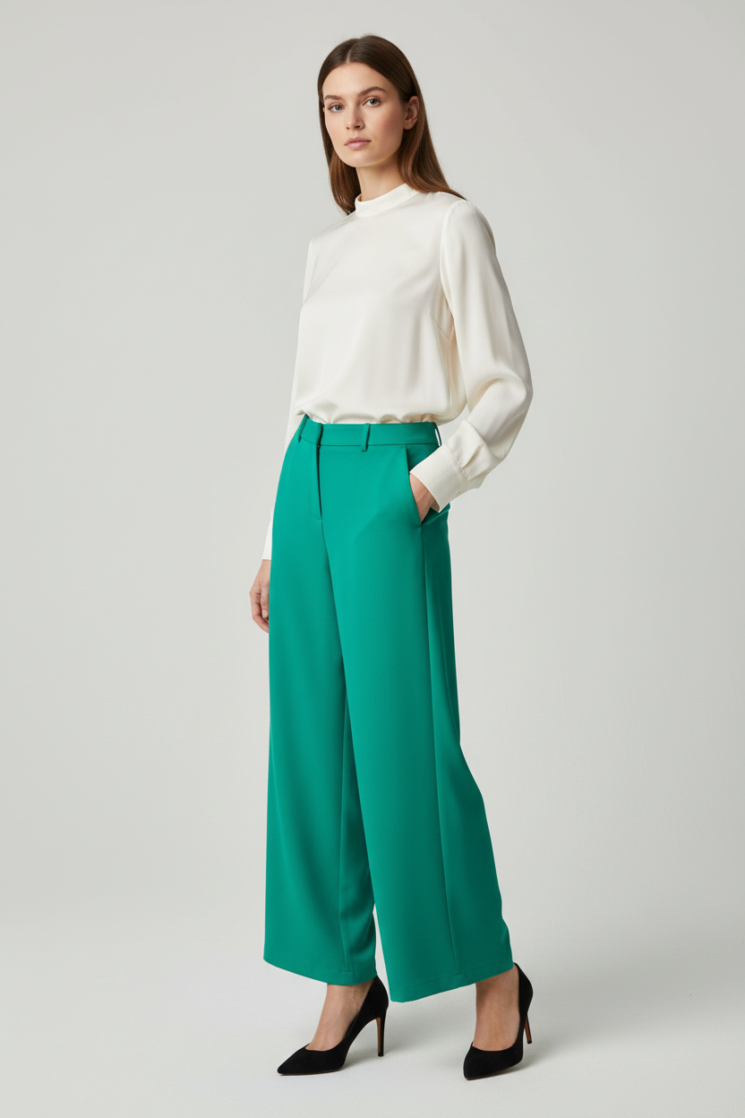 Model draagt Vila wijde geklede broek - stijlvolle outfit