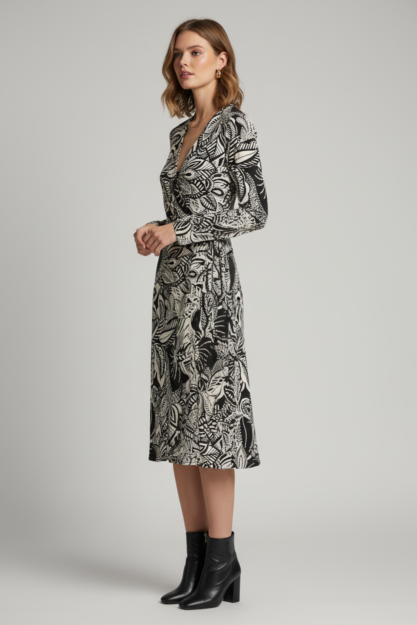 Model draagt &co woman lessy arty leave jurk - stijlvolle outfit