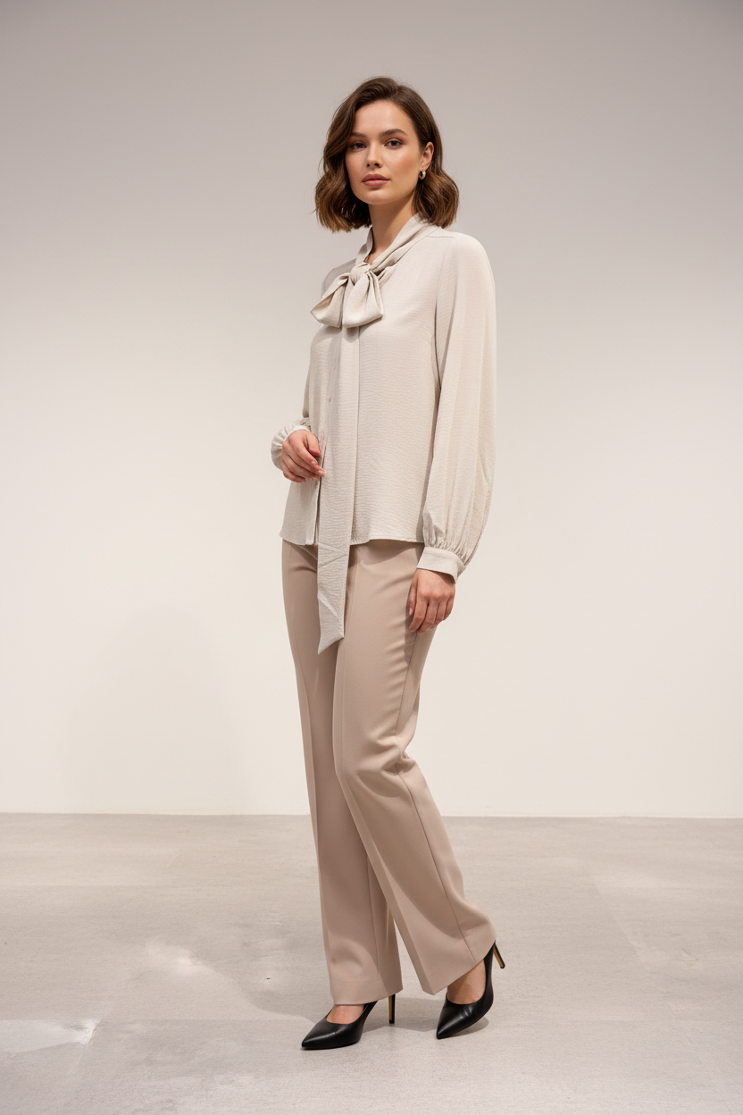 Blouse C&S crème off-white met strikdetail — modelfoto