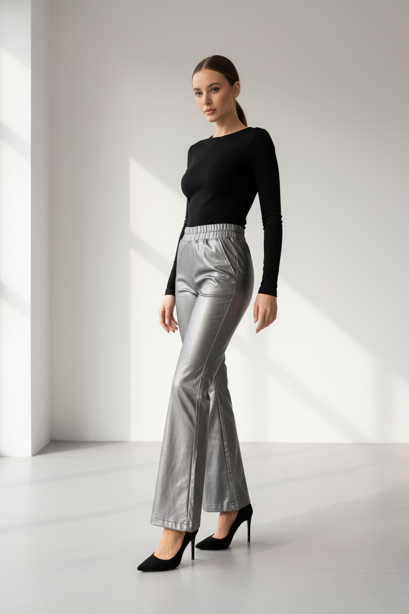 Model in zilvergrijze flared lederlook broek Ambika, gestileerd met zwart topje en hakken
