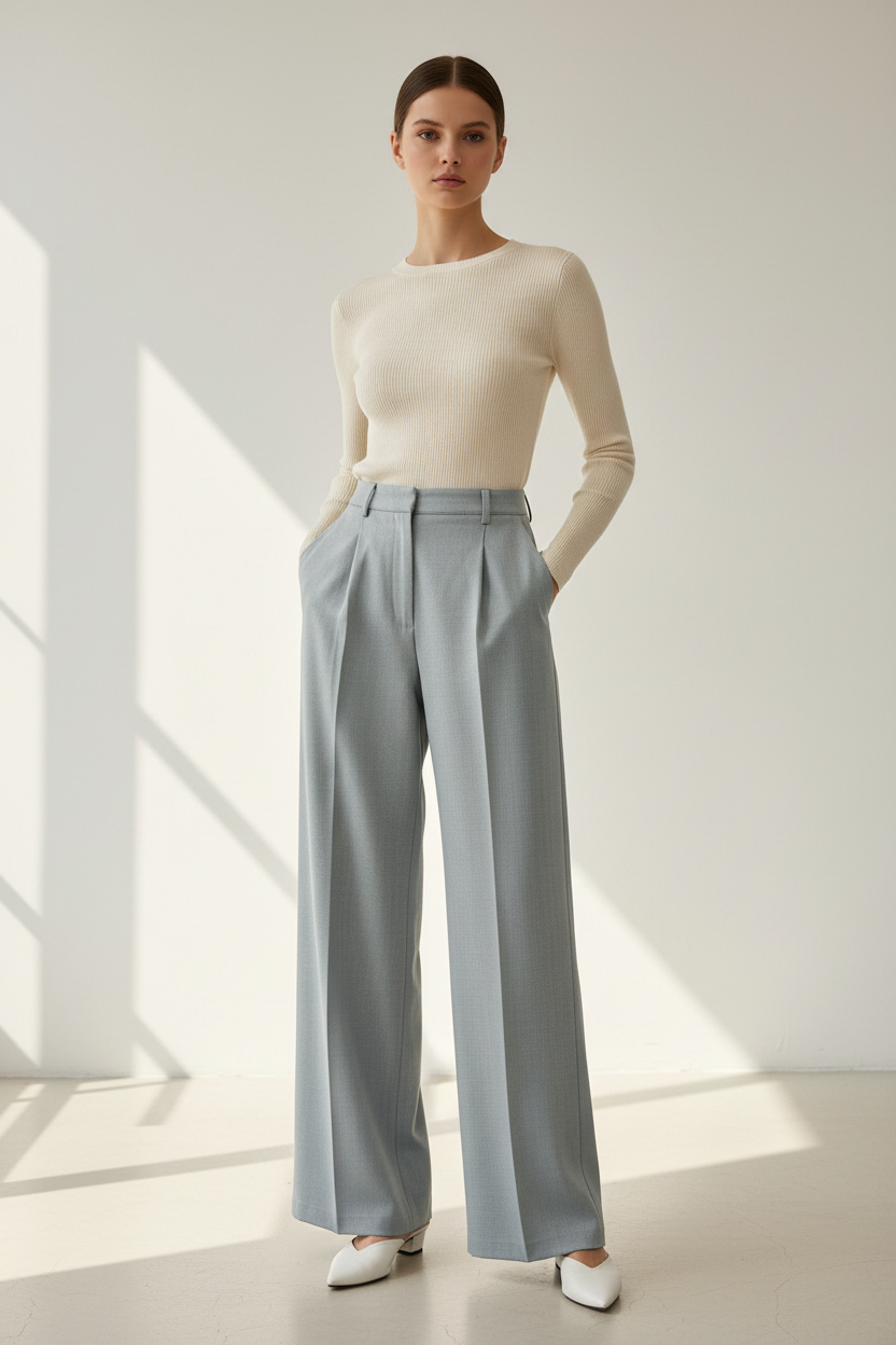 Model draagt lichtgrijze geklede wide-leg broek Lulumary