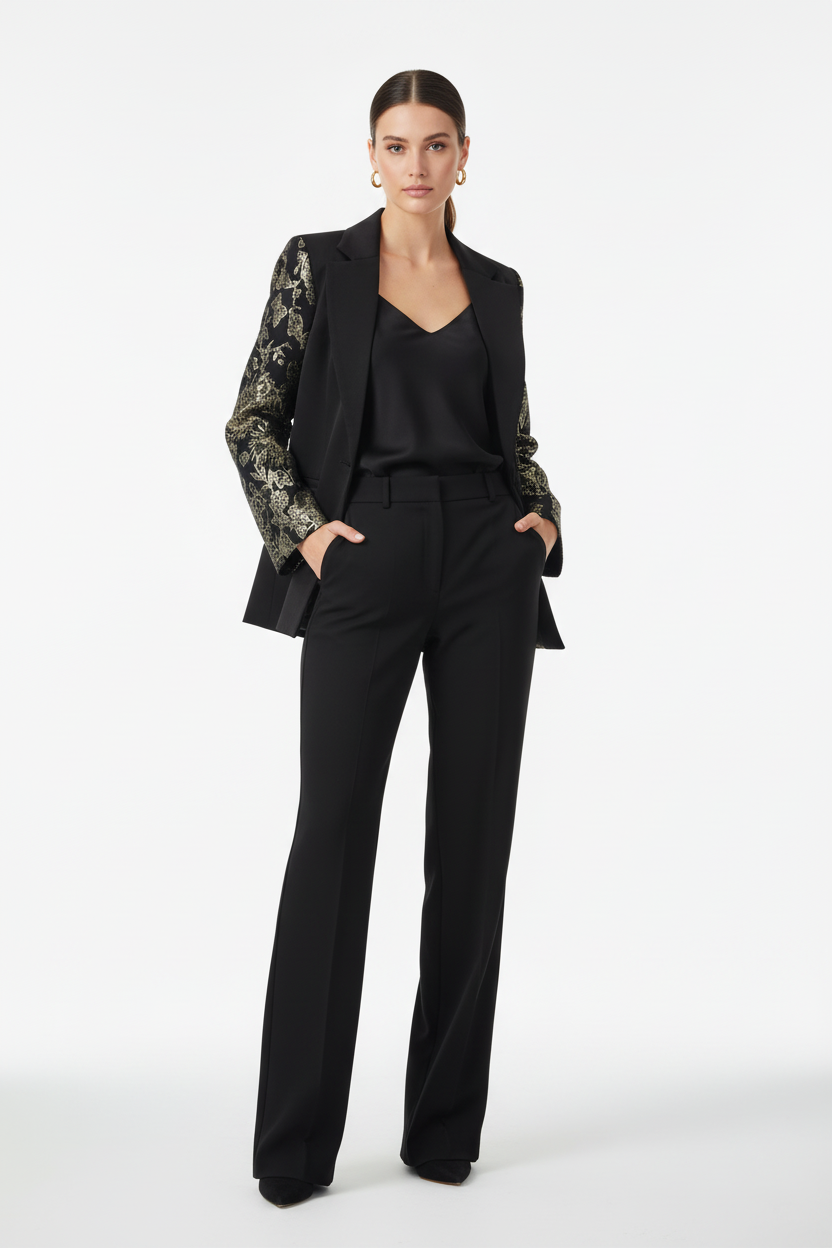 Model draagt festive blazer met jacquard mouwen - detail luxe patroon