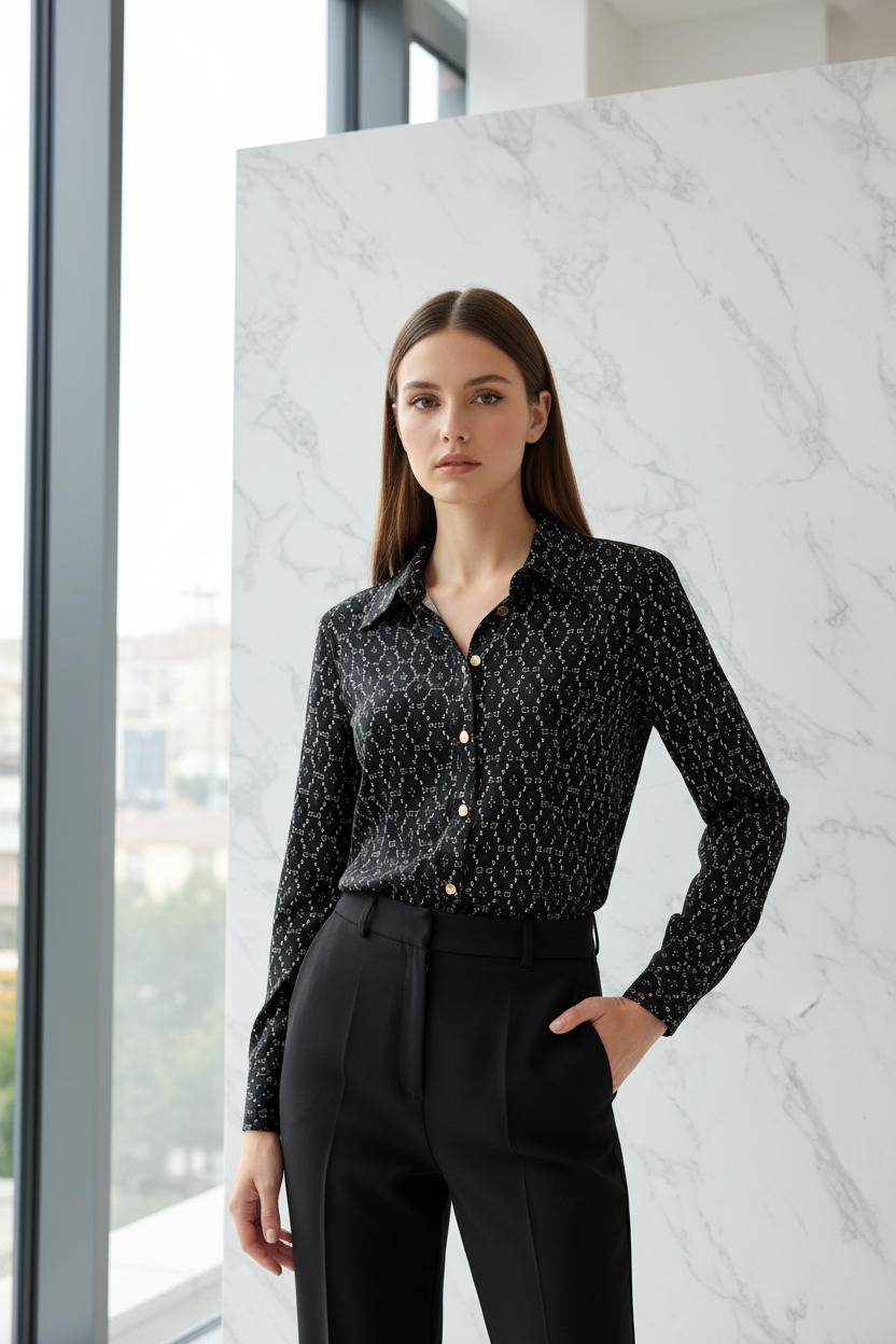 Model draagt de zwarte Blouse By Swan met geometrisch monogram print in een luxe editorial setting