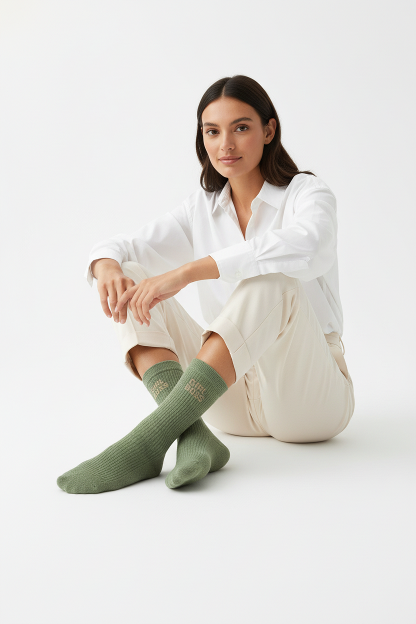 Lifestyle foto vrouw draagt groene GIRL BOSS sokken