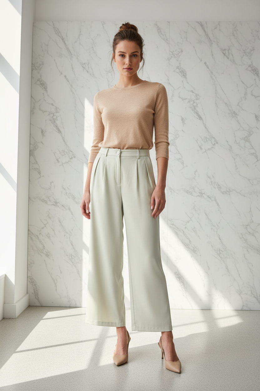 Pantalon Elli White — ecru wide-leg broek gedragen door model