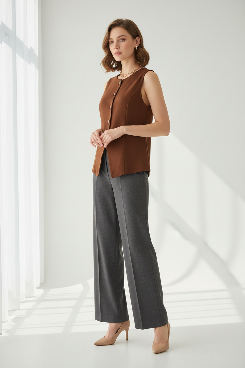 Model draagt Just Woman vestje/top - veelzijdige look