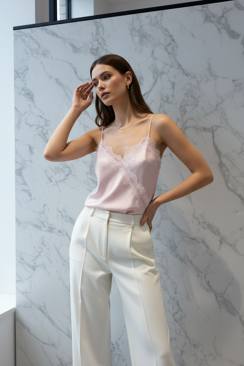 Model in Top Just Woman roze satijnen cami met witte kantrand — editorial stijl